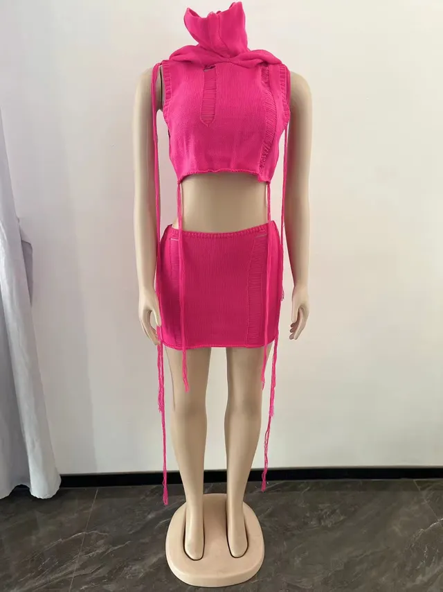 Summer New Sexy Ripped Sleeveless Hooded Beach Skirt Suit Rose Red - Shop at LoveMi