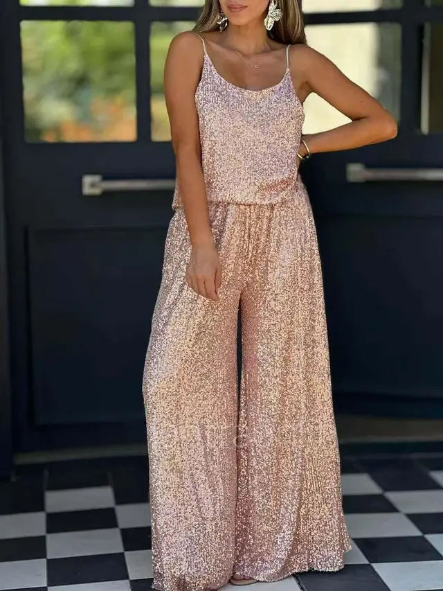 V neck Sleeveless Loose Comfortable Sequined Suspender Pants Two piece Suit Light Pink - Shop at LoveMi