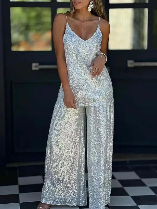 V neck Sleeveless Loose Comfortable Sequined Suspender Pants Two piece Suit Silver - Shop at LoveMi