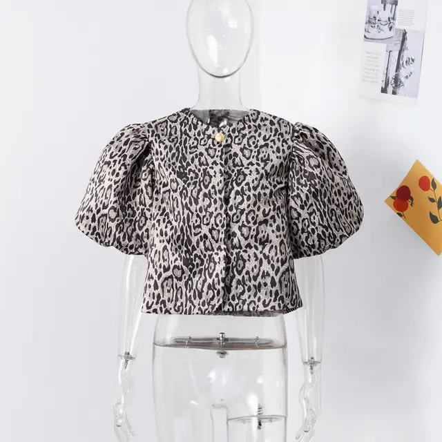 Casual Leopard Print Round Neck Cardigan Puff Sleeve Top Leopard Print - Shop at LoveMi