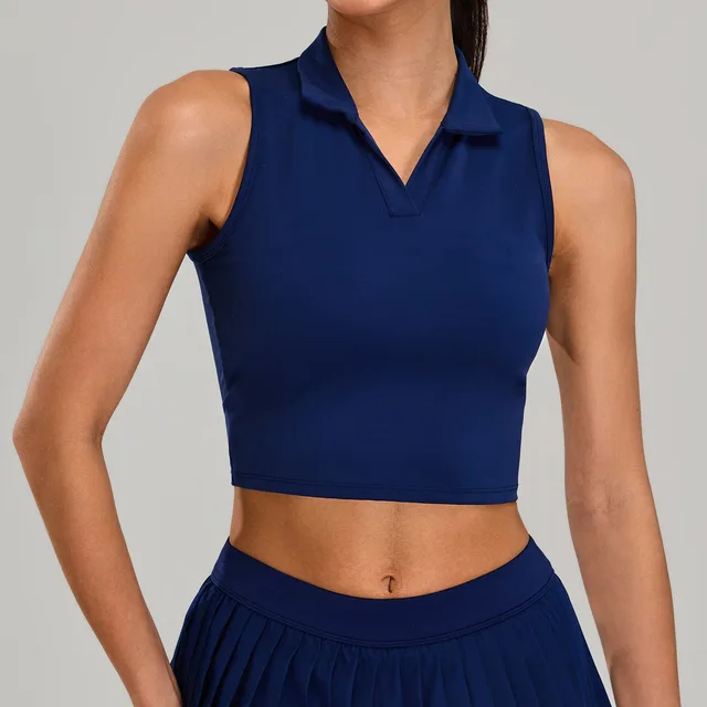 Running Breathable Sleeveless Yoga Vest Lapel Tennis Workout Clothes Top Dark Blue - Shop at LoveMi