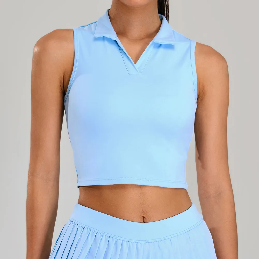 Running Breathable Sleeveless Yoga Vest Lapel Tennis Workout Clothes Top - Light Blue