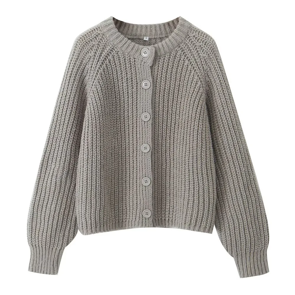 Women's Puff Sleeve Knitted Cardigan Sweater Light Gray - Shop at LoveMi
