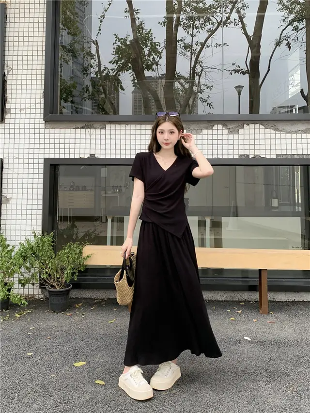 Casual Short sleeved Top Skirt Elegant Two piece Set Black, Short Sleeve - Shop at LoveMi