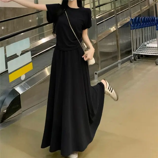 Solid Color Short Sleeve T shirt Top Skirt Skirt Suit Black - Shop at LoveMi