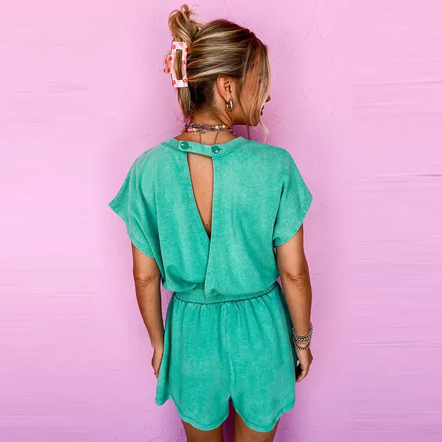 Solid Color Short Sleeve Jumpsuit Green - Shop at LoveMi