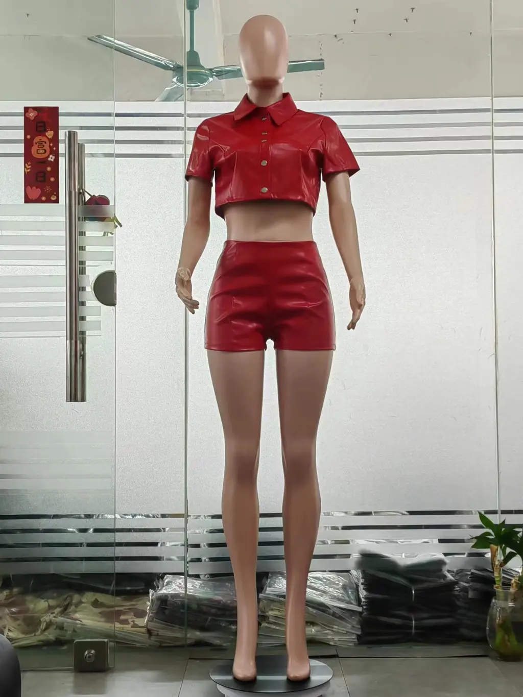 Leather Coat New Breasted Waist-tied Short-sleeved Shirt Shorts Set - Red