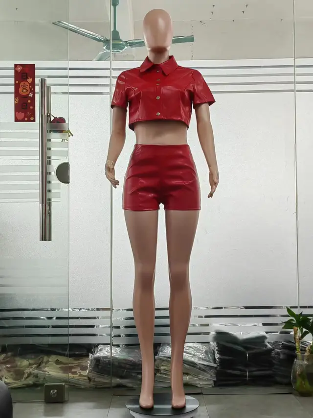 Leather Coat New Breasted Waist tied Short sleeved Shirt Shorts Set Red - Shop at LoveMi