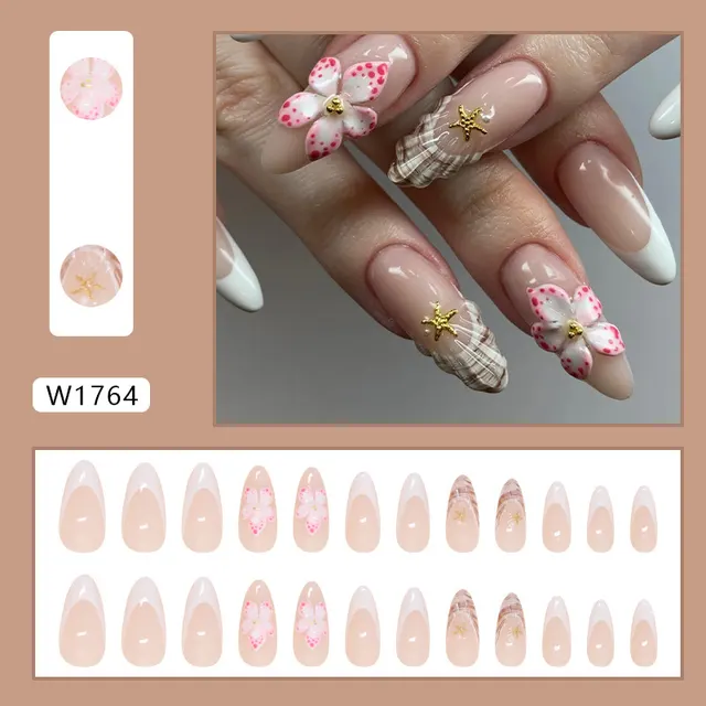 Flower French Style Fake Nails Rock Pattern Patch Removable W1764 Simple Flowers - Shop at LoveMi
