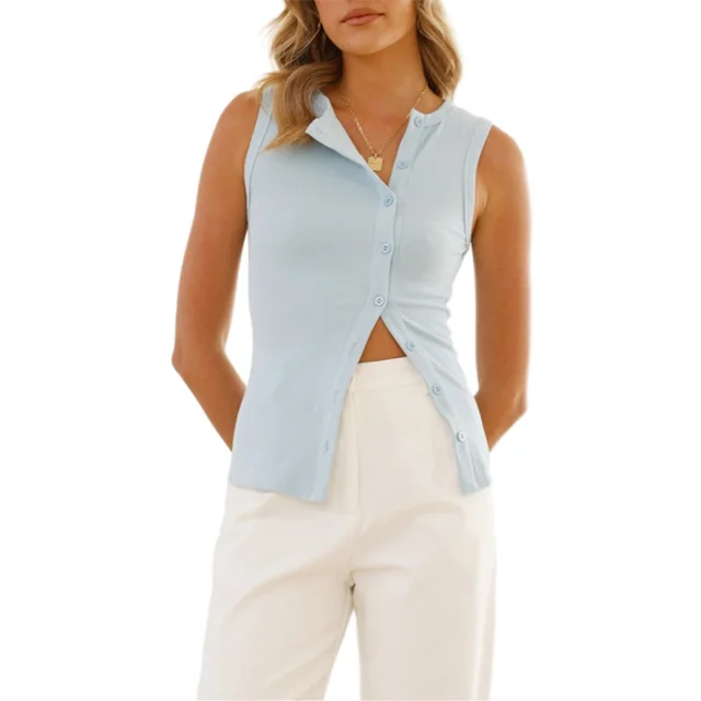 New Solid Color Sexy Sleeveless Button Cardigan Light Blue - Shop at LoveMi