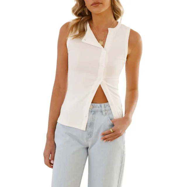 New Solid Color Sexy Sleeveless Button Cardigan White - Shop at LoveMi