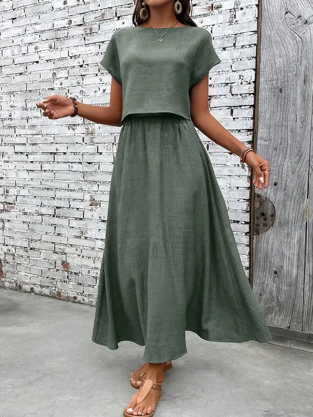 Set Women's Solid Color Short Sleeve Top And Casual A Line Dress Suit Green - Shop at LoveMi