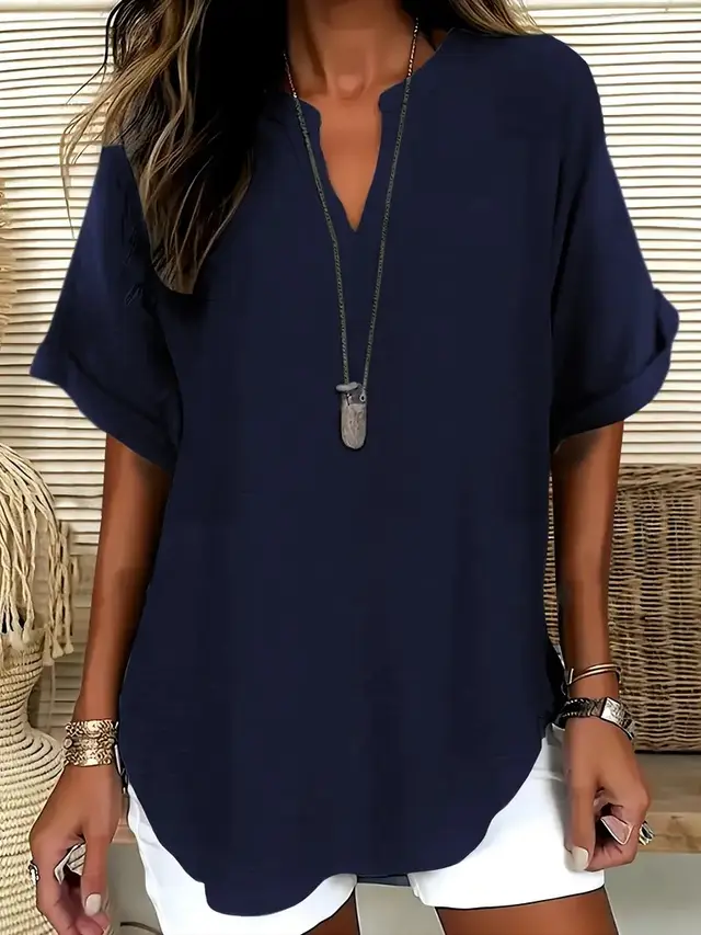 Summer Loose Solid Color Women's Casual Shirt Navy Blue - Shop at LoveMi