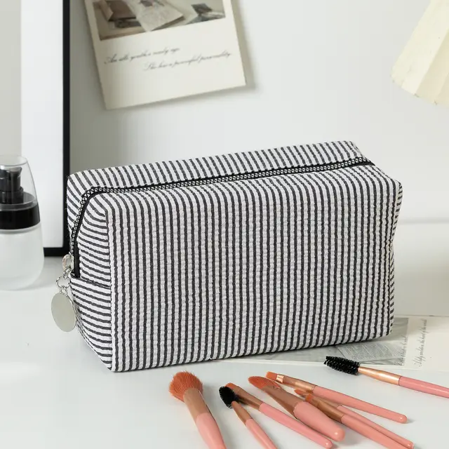 Capacity Wash Embroidered Stripes Travel Cosmetics Buggy Bag Black And White Stripes - Shop at LoveMi