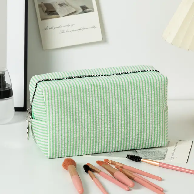 Capacity Wash Embroidered Stripes Travel Cosmetics Buggy Bag Green Stripes - Shop at LoveMi