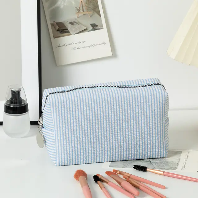Capacity Wash Embroidered Stripes Travel Cosmetics Buggy Bag Light Blue - Shop at LoveMi