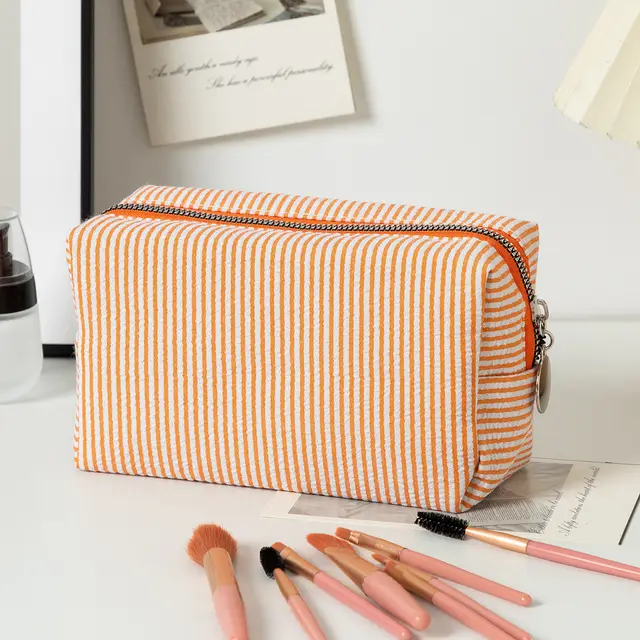 Capacity Wash Embroidered Stripes Travel Cosmetics Buggy Bag Orange - Shop at LoveMi