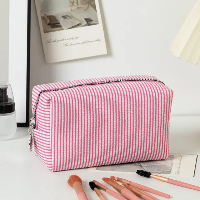 Capacity Wash Embroidered Stripes Travel Cosmetics Buggy Bag Pink White - Shop at LoveMi