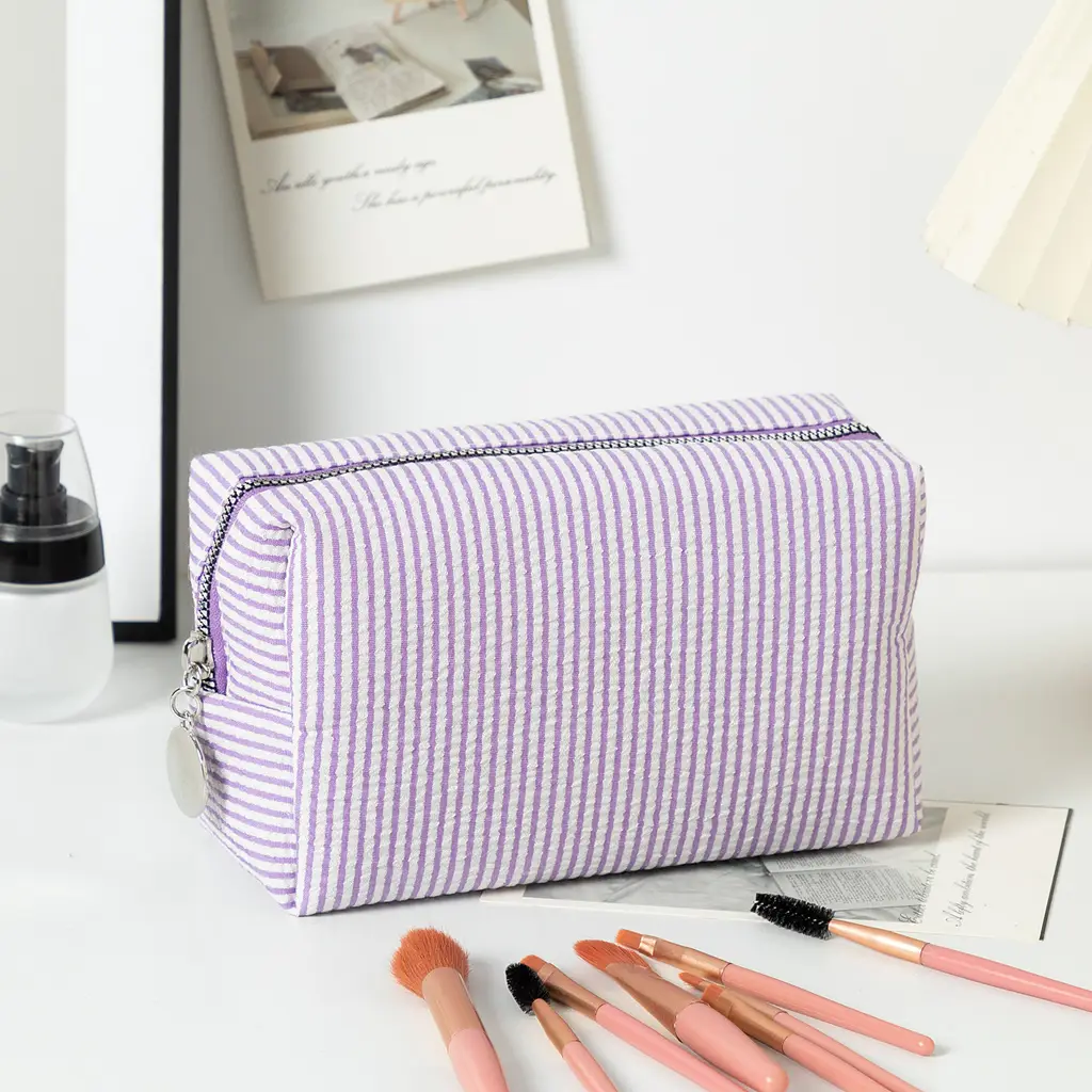 Capacity Wash Embroidered Stripes Travel Cosmetics Buggy Bag - Purple Stripes
