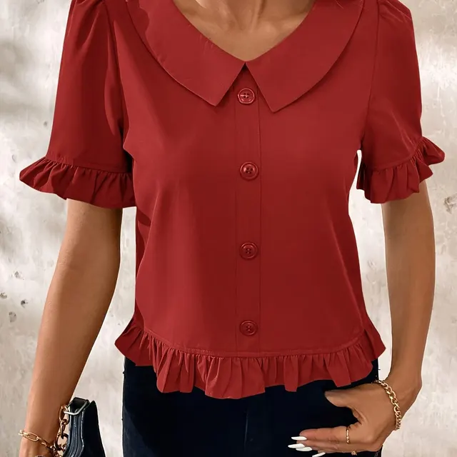 Short sleeved Casual Shirt Red Round neck Ruffles Red - Shop at LoveMi