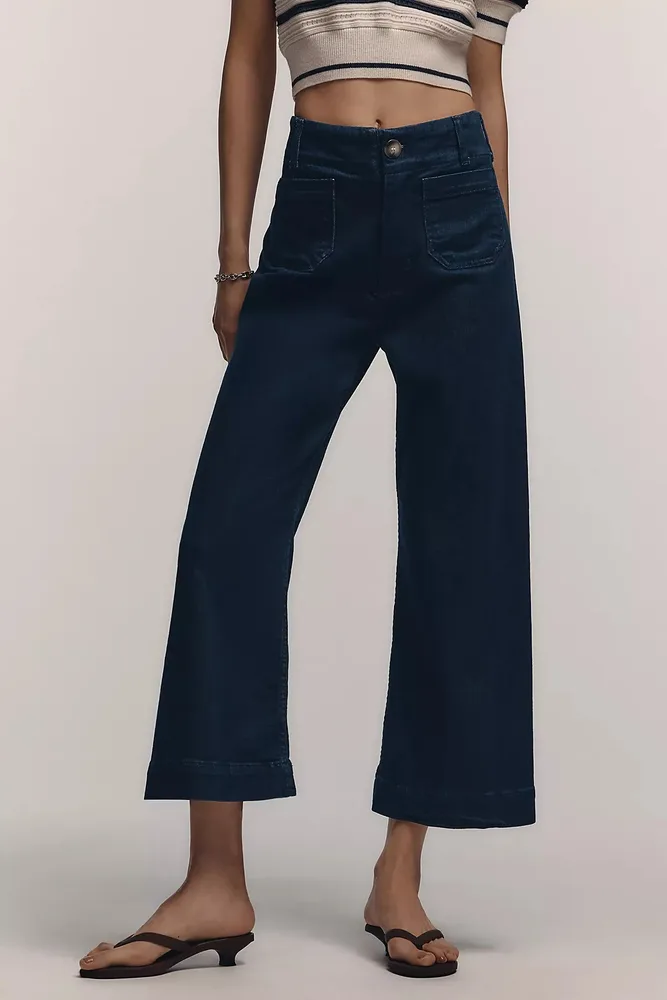 Casual Pants Straight High Waist Wide Leg Cropped Women's Pants - Denim Dark