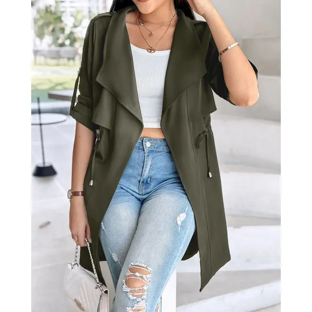 Loose Solid Color Waist Tight Rolled Sleeves Mid length Trench Coat For Women Army Green - Shop at LoveMi