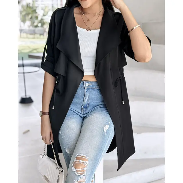 Loose Solid Color Waist Tight Rolled Sleeves Mid length Trench Coat For Women Black - Shop at LoveMi