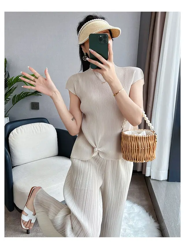 Pleated Summer Clothes Two piece Suit Top Wide Leg Pants Suit Women Beige Top - Shop at LoveMi