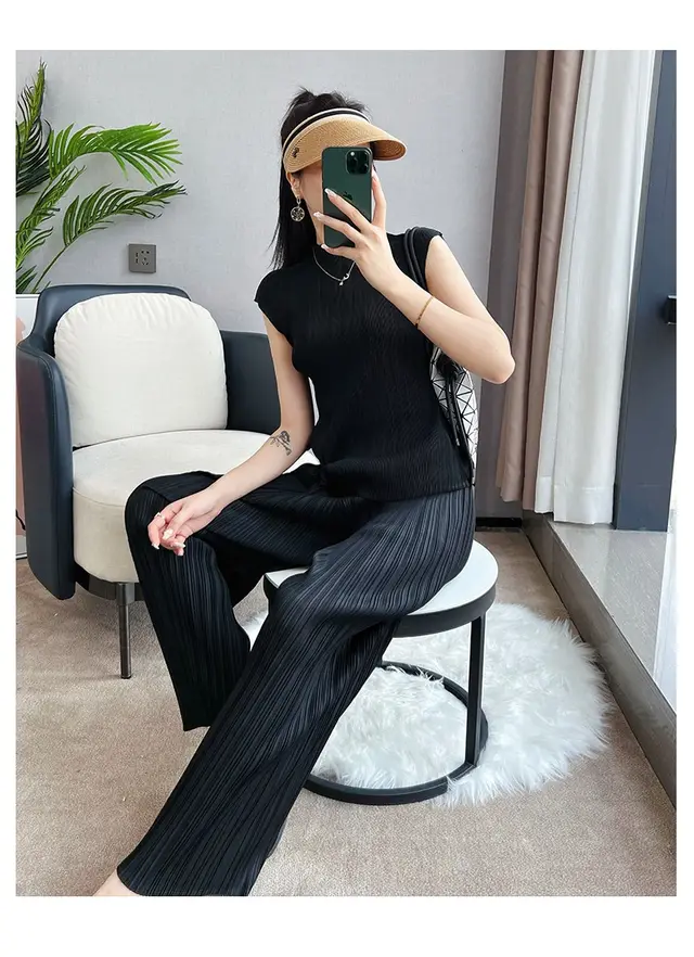 Pleated Summer Clothes Two piece Suit Top Wide Leg Pants Suit Women Black Pants - Shop at LoveMi