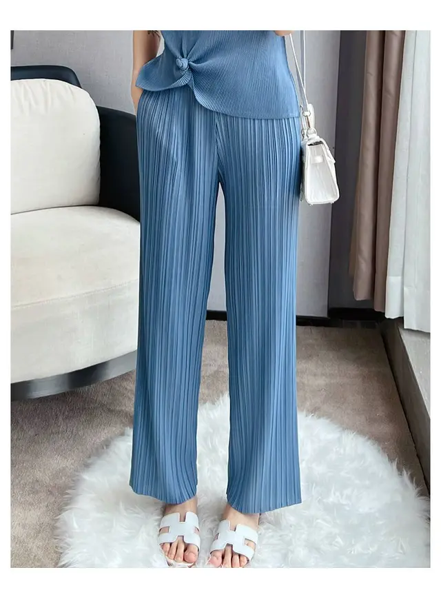 Pleated Summer Clothes Two piece Suit Top Wide Leg Pants Suit Women Blue Pants - Shop at LoveMi