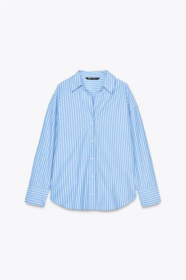 European And American Style Long Sleeve Lapel Loose Striped Poplin Shirt - Blue Stripes