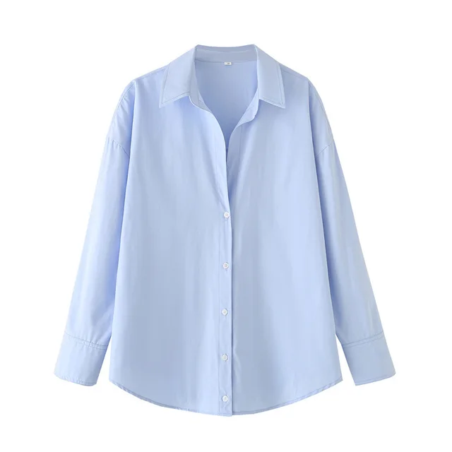European And American Style Long Sleeve Lapel Loose Striped Poplin Shirt Blue - Shop at LoveMi