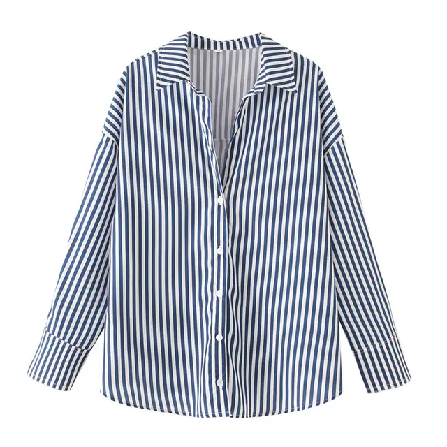 European And American Style Long Sleeve Lapel Loose Striped Poplin Shirt Deep Blue Stripes - Shop at LoveMi