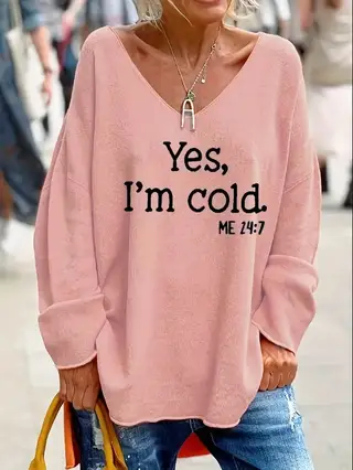 Loose Casual Solid Colour Letter Printing U Collar Sweater Women - Pink