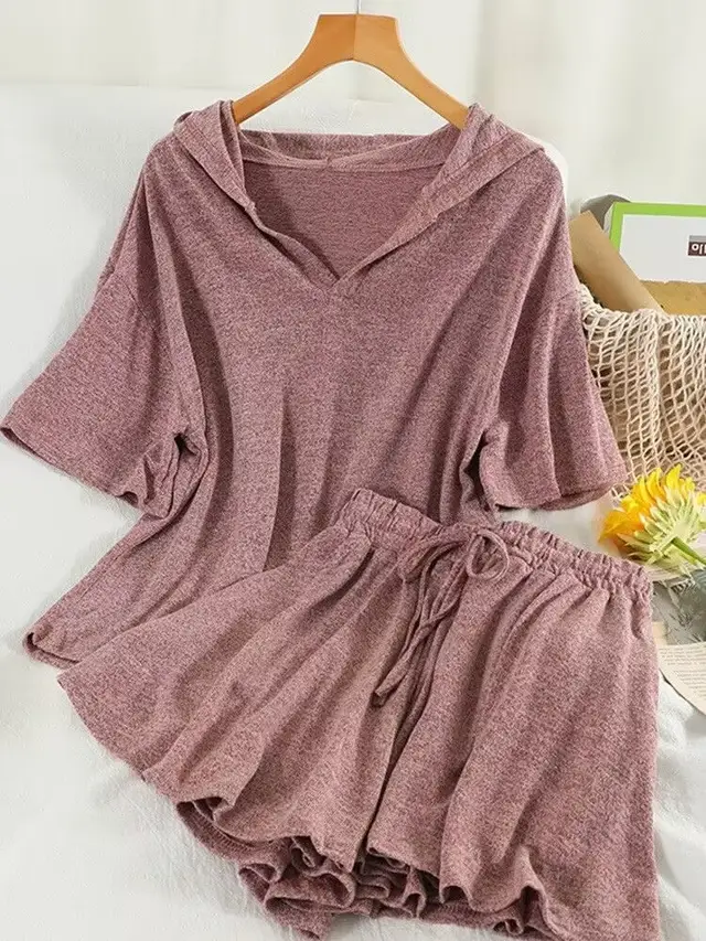 Summer New Loose Fashion Hooded Short Sleeve Shorts Two piece Set Pink - Shop at LoveMi