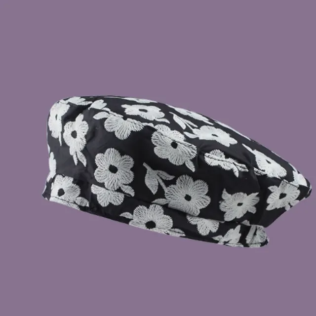 Girl Countryside Style Flower Three dimensional Embroidery Beret Black White - Shop at LoveMi