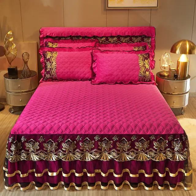 European Crystal Velvet Thick Bed Skirt Rose Red - Shop at LoveMi
