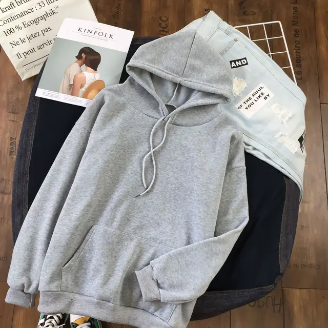 Long Sleeve Solid Color Hooded Sweater Couple Gray - Shop at LoveMi