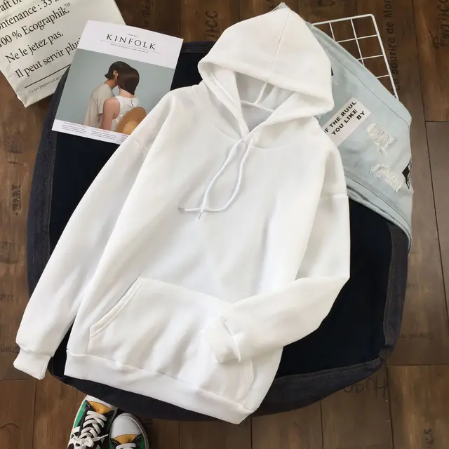 Long Sleeve Solid Color Hooded Sweater Couple White - Shop at LoveMi