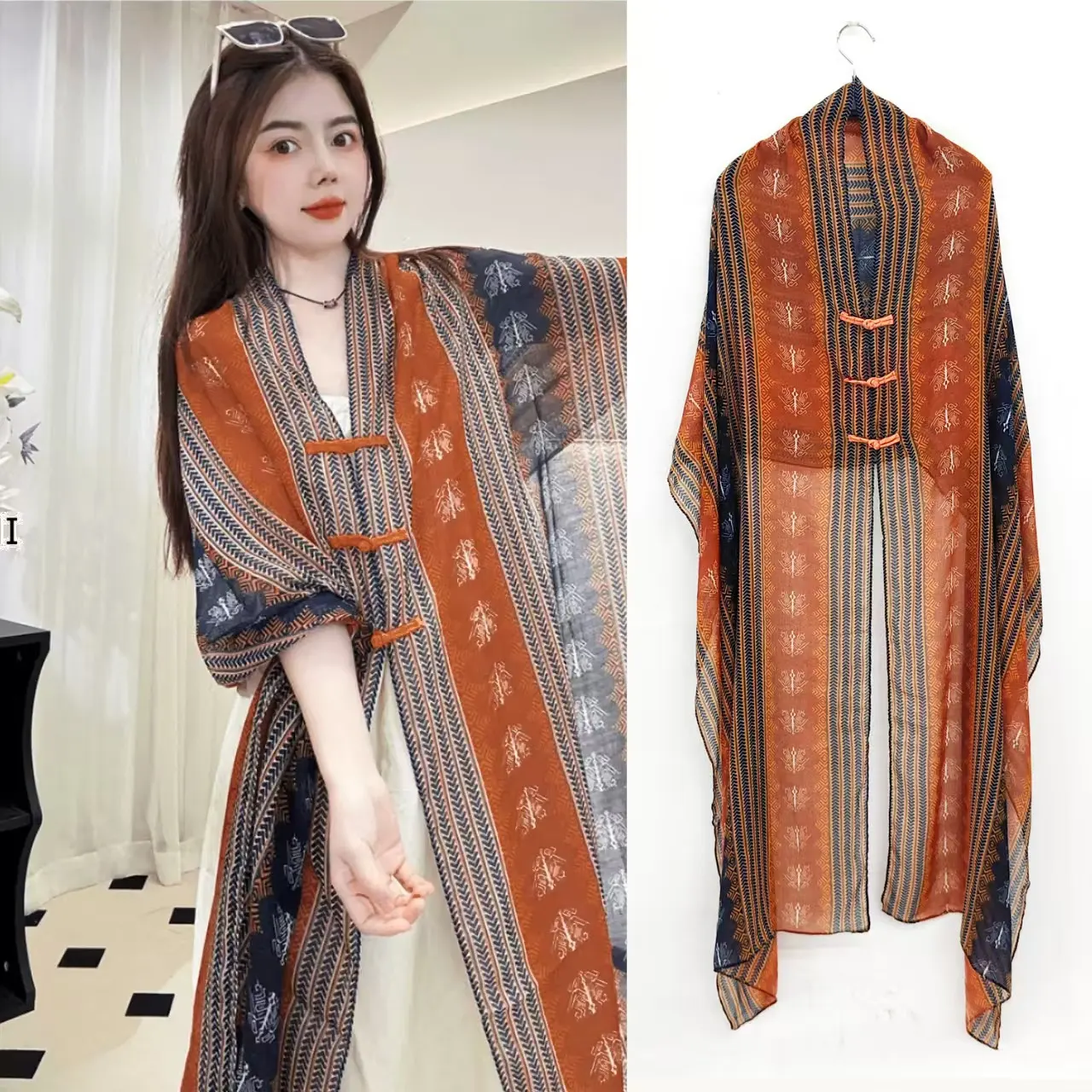 Popular Ethnic Style Shawl Summer Travel Wear Retro Buckle Sun Protection Coat - Sunset Orange