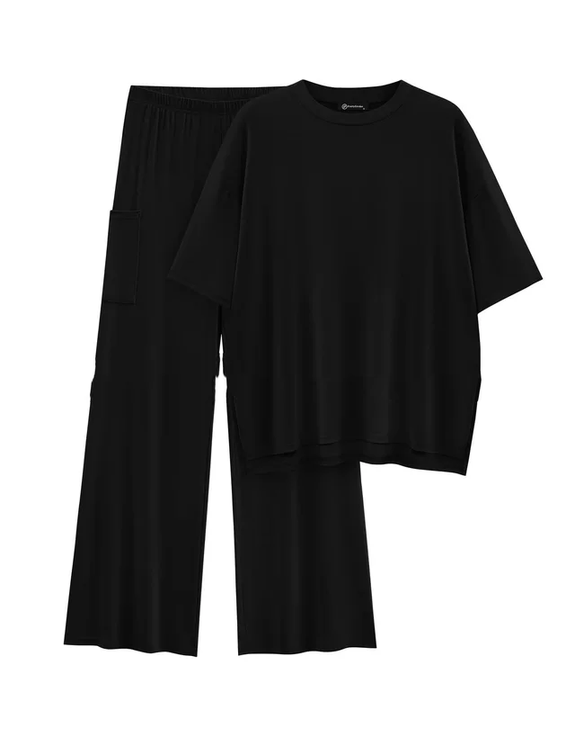 Casual Short Sleeve Pullover Top Wide Leg Pants Casual Suit Black - Shop at LoveMi