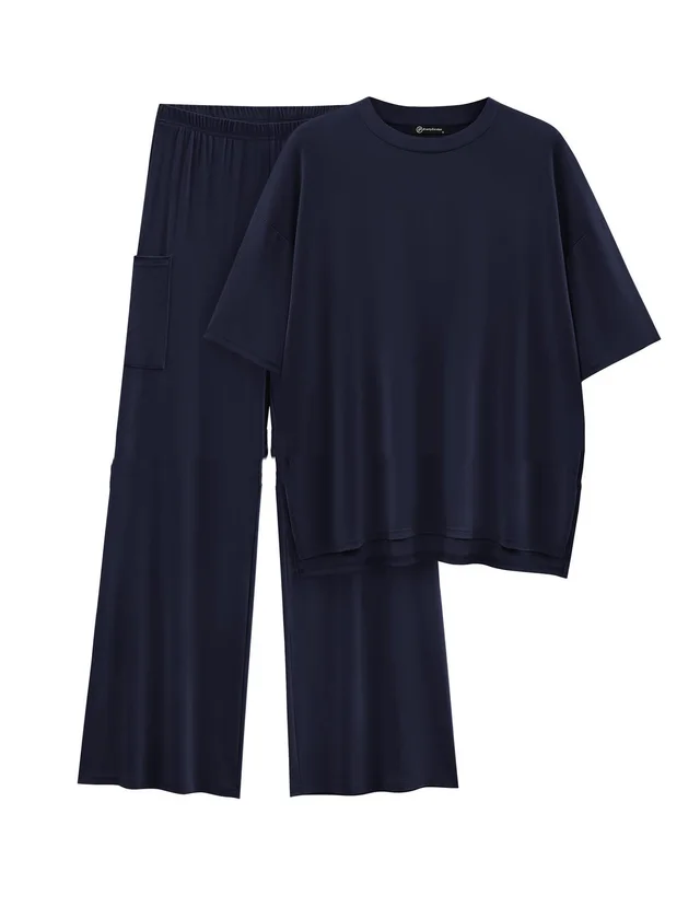 Casual Short Sleeve Pullover Top Wide Leg Pants Casual Suit Navy Blue - Shop at LoveMi