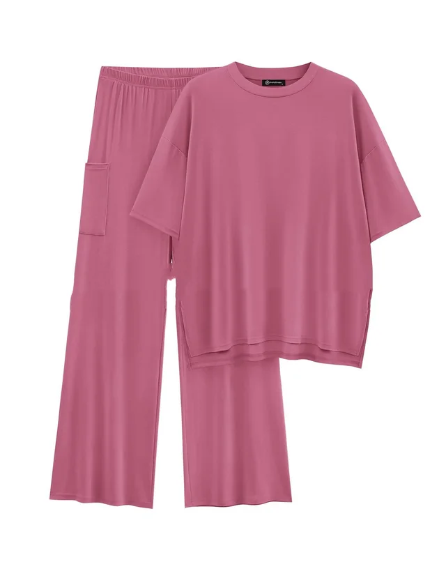 Casual Short Sleeve Pullover Top Wide Leg Pants Casual Suit Pink - Shop at LoveMi