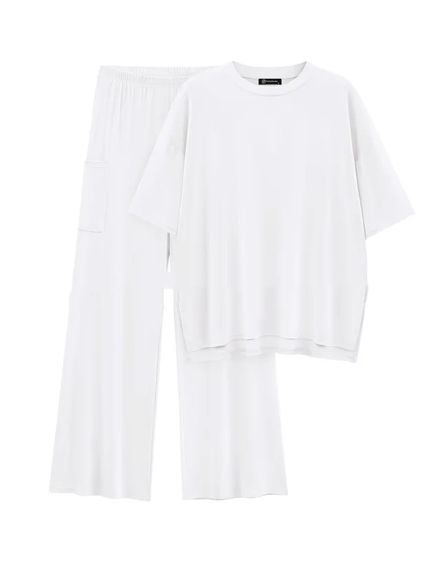 Casual Short Sleeve Pullover Top Wide Leg Pants Casual Suit White - Shop at LoveMi