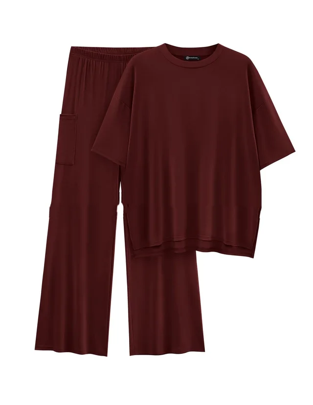 Casual Short Sleeve Pullover Top Wide Leg Pants Casual Suit Wine Red - Shop at LoveMi