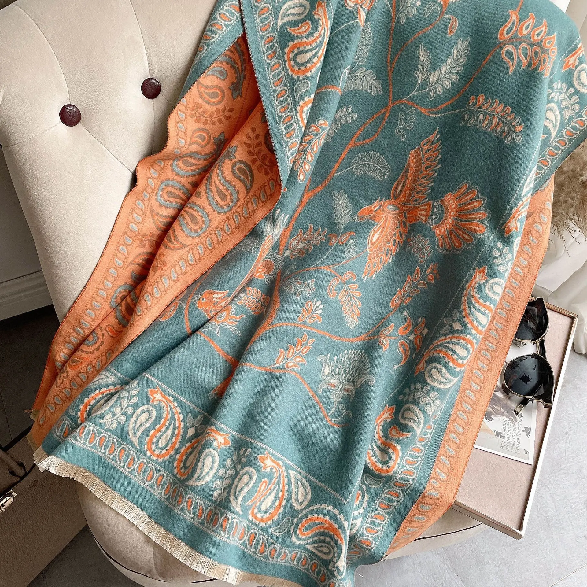 Women's Neck Warmer Office Blanket Cashmere-like Tassel Warm Scarf - Sky Blue Orange