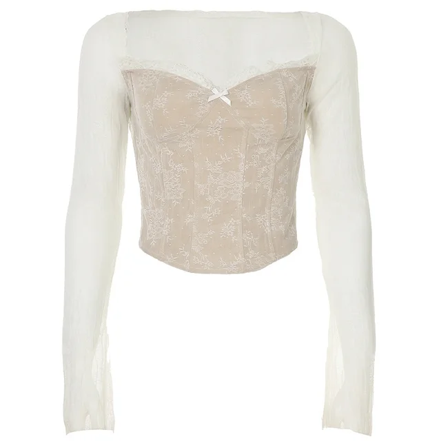 Lace Chest V neck Lace Slim Fit Patchwork Top White - Shop at LoveMi