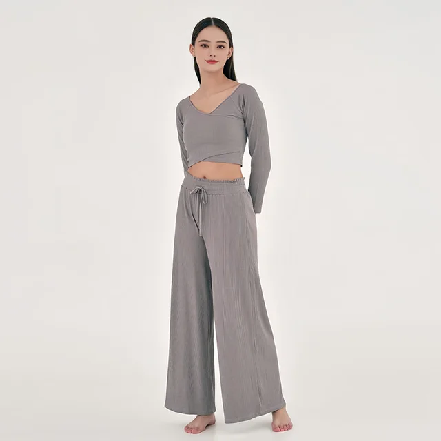 Cross V neck Off the shoulder Top Baggy Pants Mouth Yoga Suit Khaki Suit - Shop at LoveMi