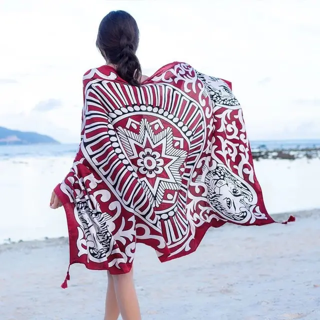 Ethnic Style Cotton And Linen Scarf Seaside Travel Oversized Beach Towel Wine Red Lion - Shop at LoveMi