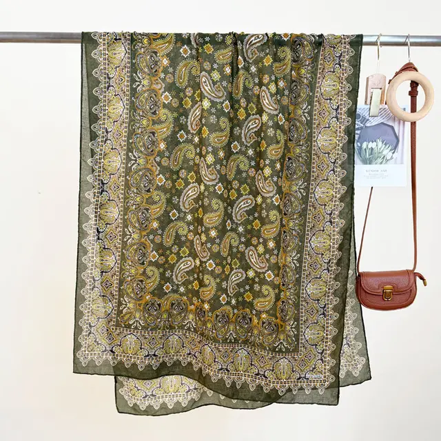 Women's High grade Versatile Classic Pattern Travel Sun Protection Silk Scarf Shawl Green - Shop at LoveMi
